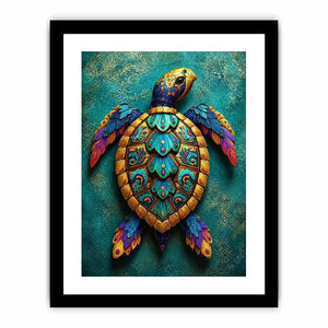 colorful turtle wall art coastal decor canvas, decorative sea turtle artwork vibrant modern design, marine turtle illustration teal gold wall decor, tropical ocean animal canvas art