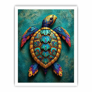colorful turtle wall art coastal decor canvas, decorative sea turtle artwork vibrant modern design, marine turtle illustration teal gold wall decor, tropical ocean animal canvas art