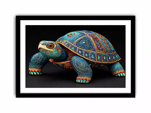 ornate turtle wall art canvas, luxury blue gold turtle artwork, decorative sea life canvas art, detailed reptile illustration wall art