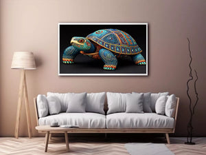 ornate turtle wall art canvas, luxury blue gold turtle artwork, decorative sea life canvas art, detailed reptile illustration wall art