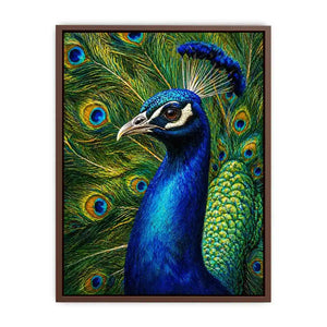 Vibrant peacock wall art with detailed blue and gold feathers