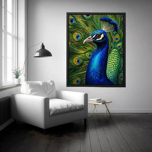 Vibrant peacock wall art with detailed blue and gold feathers