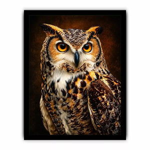 Realistic owl wall art with glowing golden eyes and detailed feathers