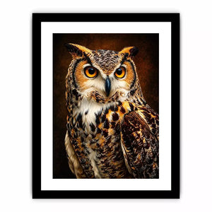 Realistic owl wall art with glowing golden eyes and detailed feathers