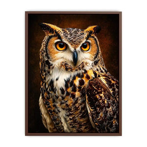 Realistic owl wall art with glowing golden eyes and detailed feathers