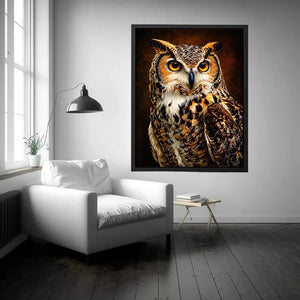 Realistic owl wall art with glowing golden eyes and detailed feathers