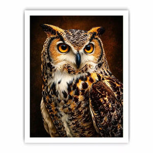 Realistic owl wall art with glowing golden eyes and detailed feathers