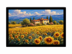 Impressionist sunflower field with rustic villa landscape wall art canvas