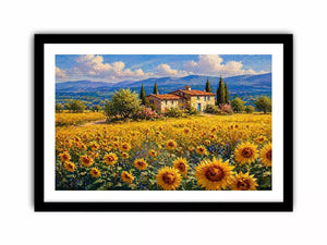 Impressionist sunflower field with rustic villa landscape wall art canvas