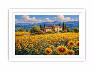 Impressionist sunflower field with rustic villa landscape wall art canvas