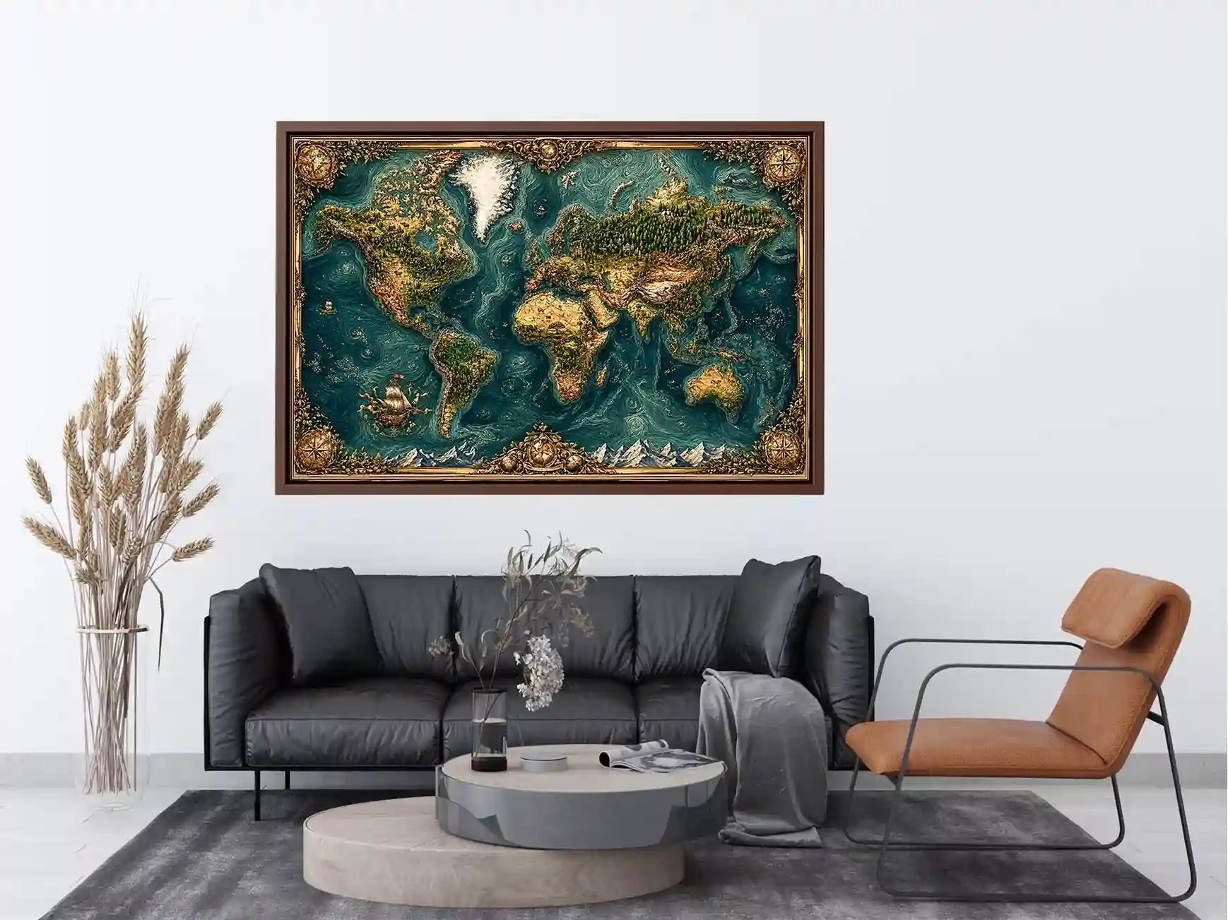 artistic world map textured wall art teal earthy vintage canvas decor
