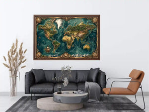 artistic world map textured wall art teal earthy vintage canvas decor
