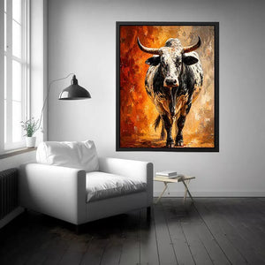 modern bull painting wall art textured animal canvas orange background decor