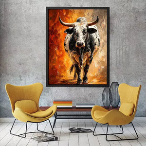 modern bull painting wall art textured animal canvas orange background decor