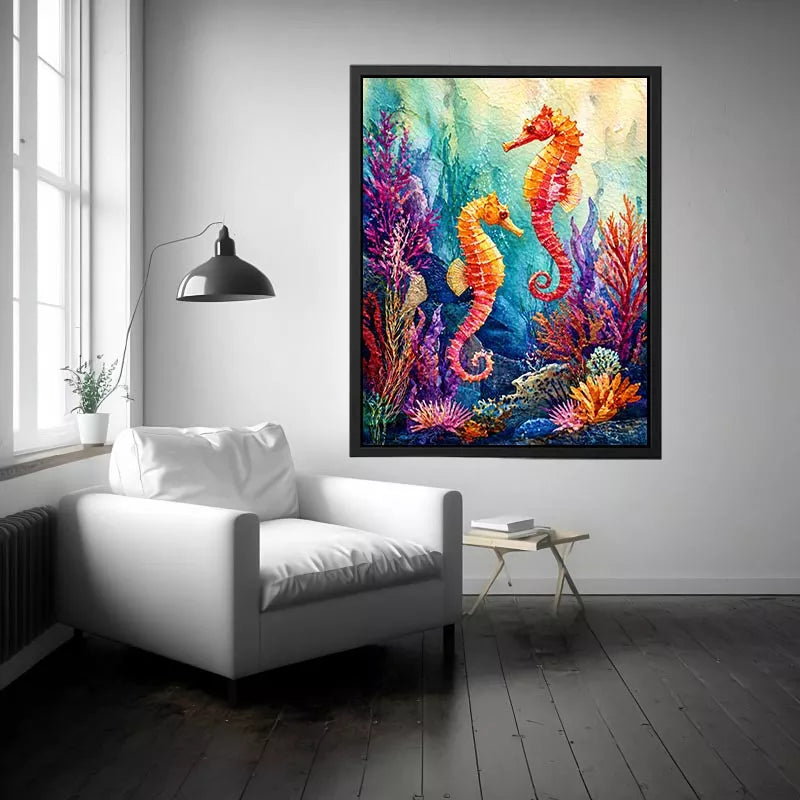 watercolor seahorse wall art coastal ocean coral canvas decor