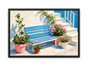 mediterranean bench wall art coastal blue white canvas floral decor