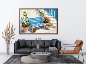 mediterranean bench wall art coastal blue white canvas floral decor