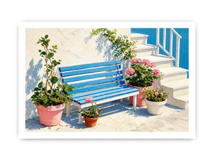 mediterranean bench wall art coastal blue white canvas floral decor