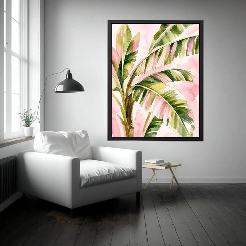 tropical palm leaves wall art in blush pink and green watercolor style elegant botanical canvas for modern home decor
