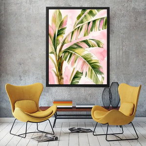 tropical palm leaves wall art in blush pink and green watercolor style elegant botanical canvas for modern home decor