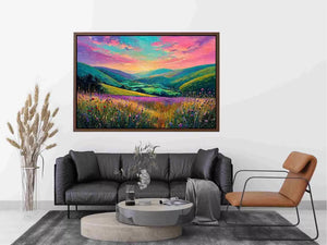 colorful landscape meadow wall art canvas with rolling hills pink sky valley nature painting for living room decor