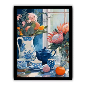 floral still life wall art canvas with blue porcelain teapot protea flowers and window light kitchen decor