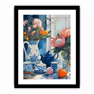 floral still life wall art canvas with blue porcelain teapot protea flowers and window light kitchen decor