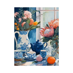 floral still life wall art canvas with blue porcelain teapot protea flowers and window light kitchen decor