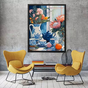 floral still life wall art canvas with blue porcelain teapot protea flowers and window light kitchen decor