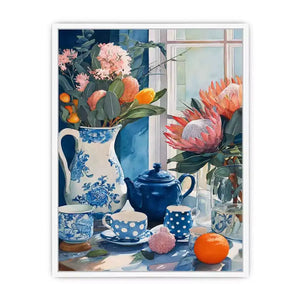 floral still life wall art canvas with blue porcelain teapot protea flowers and window light kitchen decor