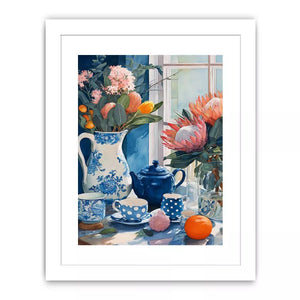 floral still life wall art canvas with blue porcelain teapot protea flowers and window light kitchen decor