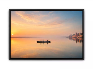 minimalist river boat wall art canvas with sunrise reflection calm water landscape for living room decor