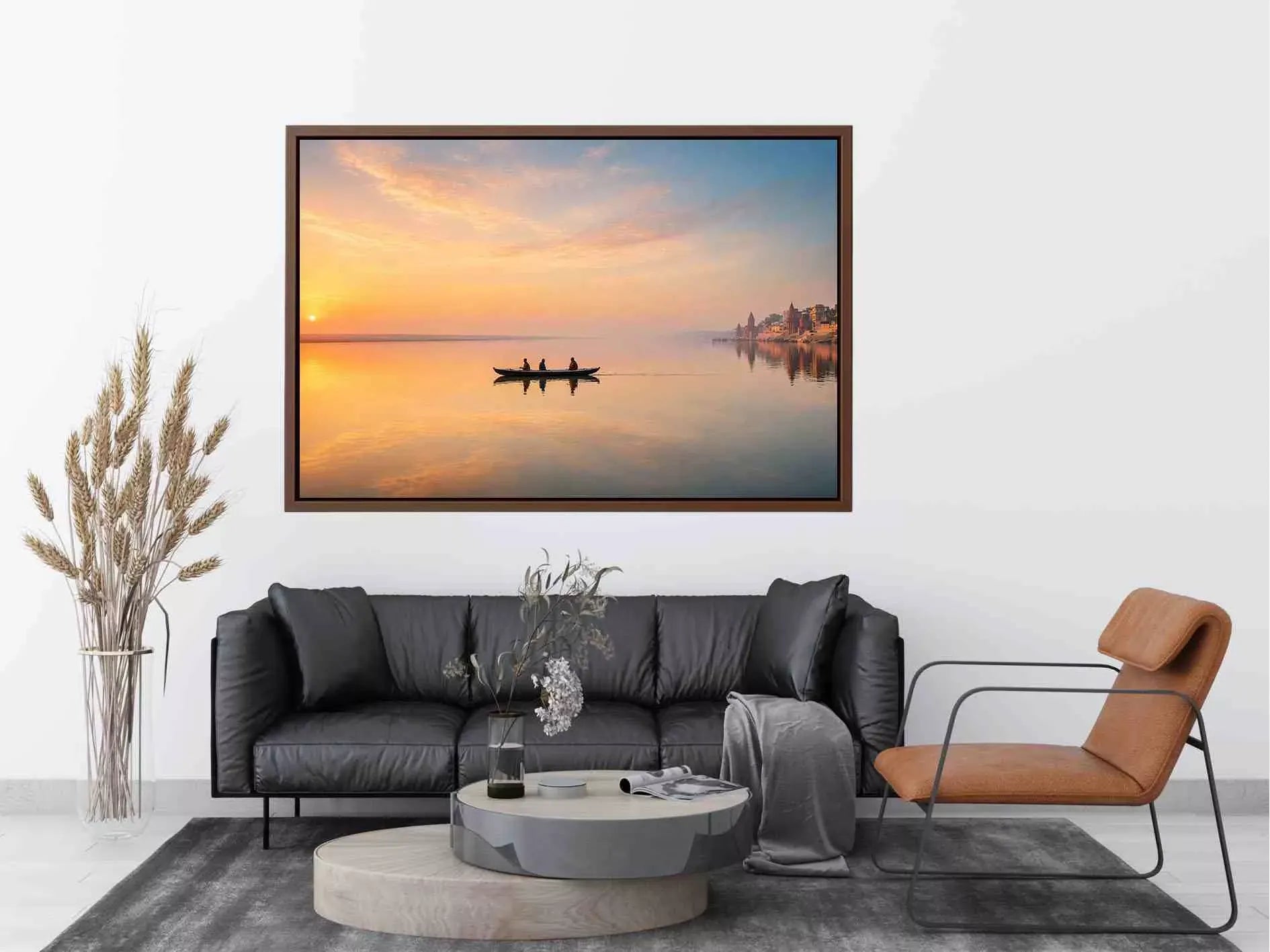 minimalist river boat wall art canvas with sunrise reflection calm water landscape for living room decor