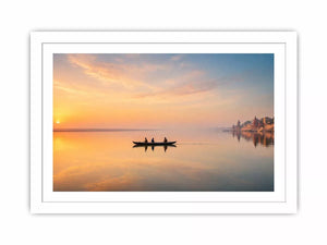 minimalist river boat wall art canvas with sunrise reflection calm water landscape for living room decor