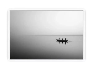 black and white minimalist river boat wall art canvas photogrpahy calm water landscape for living room decor