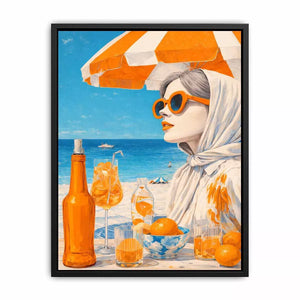 Coastal woman with orange sunglasses beach canvas wall art