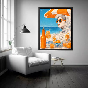 Coastal woman with orange sunglasses beach canvas wall art
