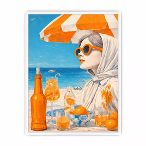 Coastal woman with orange sunglasses beach canvas wall art