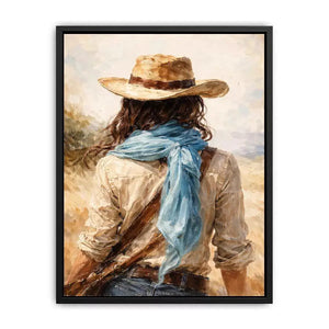 Western cowboy woman with hat rustic canvas wall art