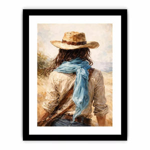 Western cowboy woman with hat rustic canvas wall art