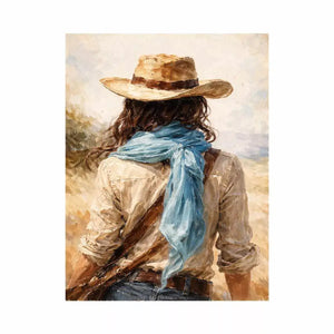 Western cowboy woman with hat rustic canvas wall art