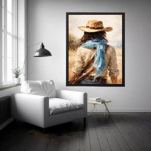 Western cowboy woman with hat rustic canvas wall art