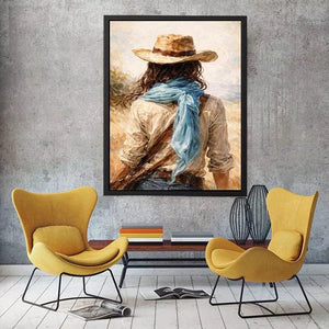Western cowboy woman with hat rustic canvas wall art
