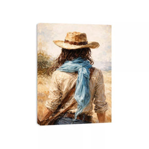 Western cowboy woman with hat rustic canvas wall art