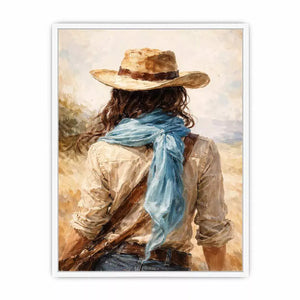 Western cowboy woman with hat rustic canvas wall art