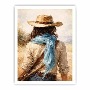 Western cowboy woman with hat rustic canvas wall art