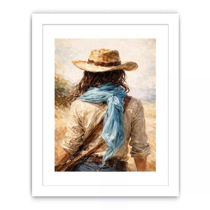 Western cowboy woman with hat rustic canvas wall art