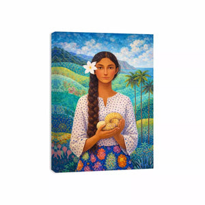 Tropical woman portrait with floral landscape canvas wall art