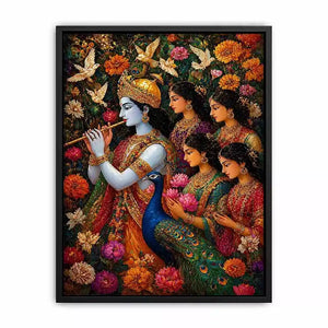 Krishna Garden Canvas Wall Art | Spiritual Indian Painting Print