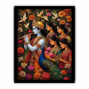 Krishna Garden Canvas Wall Art | Spiritual Indian Painting Print